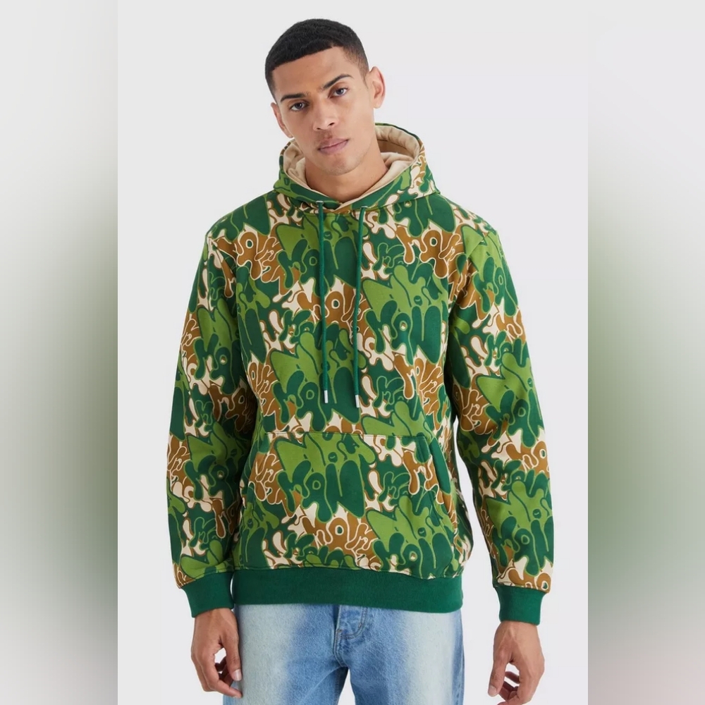 Boohoo Man Camo All Over Print Hoodie NWT Size Small Green Brown